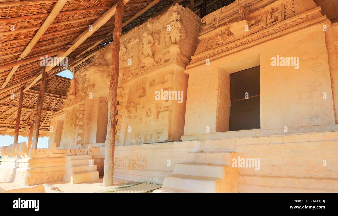 Acropolis statues facade, the largest structure at Ek' Balam ruins, Yucatan, Mexico Stock Photo