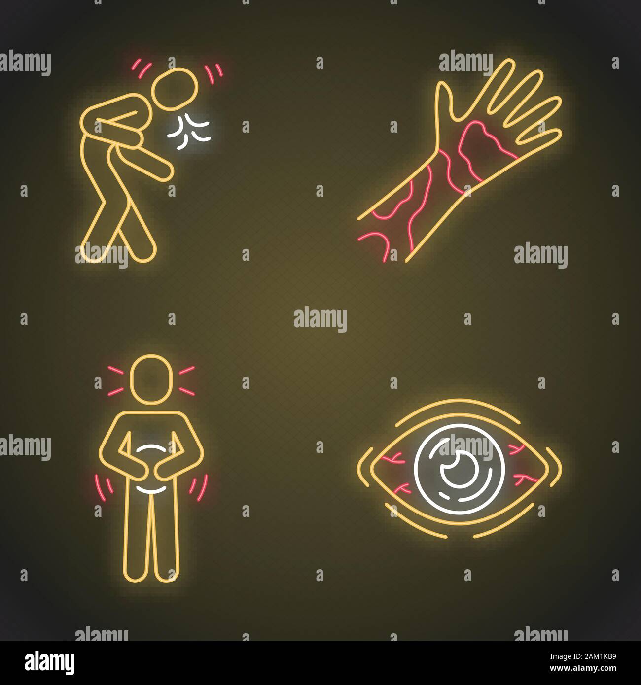 Seasonal allergy symptoms neon light icons set. Dry eye, inflammation