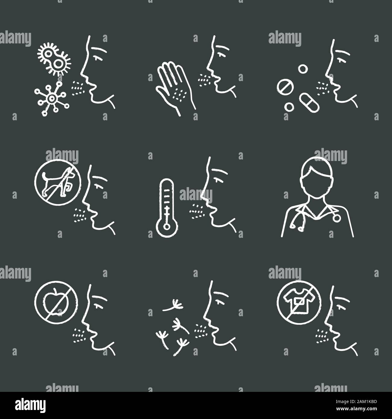 Allergies chalk icons set. Contact, food, respiratory diseases. Allergen sources. Diagnosis and medication. Hypersensitivity of immune system. Medical Stock Vector
