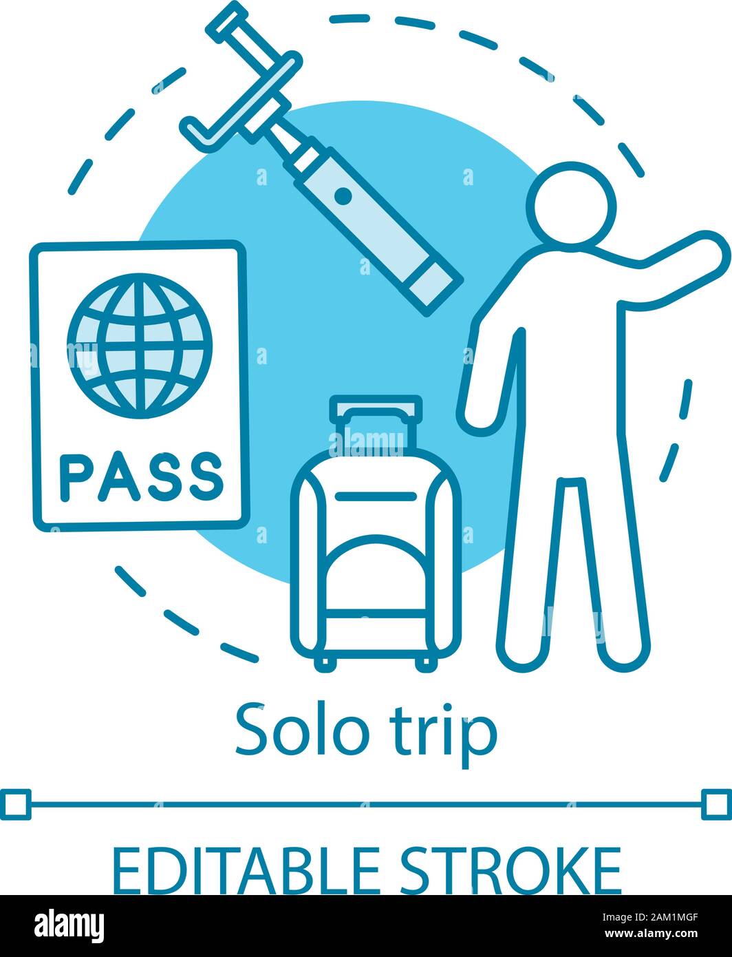 Solo trip concept icon. Travel style idea thin line illustration. Traveling alone. Vacation destinations. City tours. Vector isolated outline drawing. Stock Vector