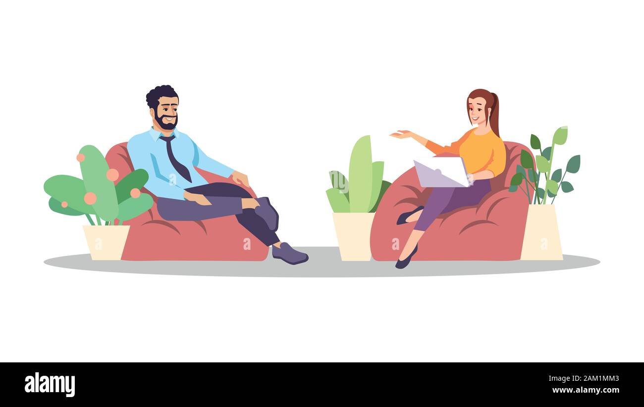 Journalistic interview flat vector illustration. Coworking, lounge zone. Coworkers, colleagues small talk, conversation. Journalist, interviewer with Stock Vector