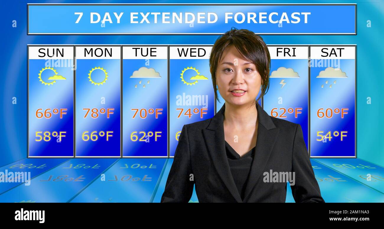 Female Asian American meteorologist reporting weather, original design elem...