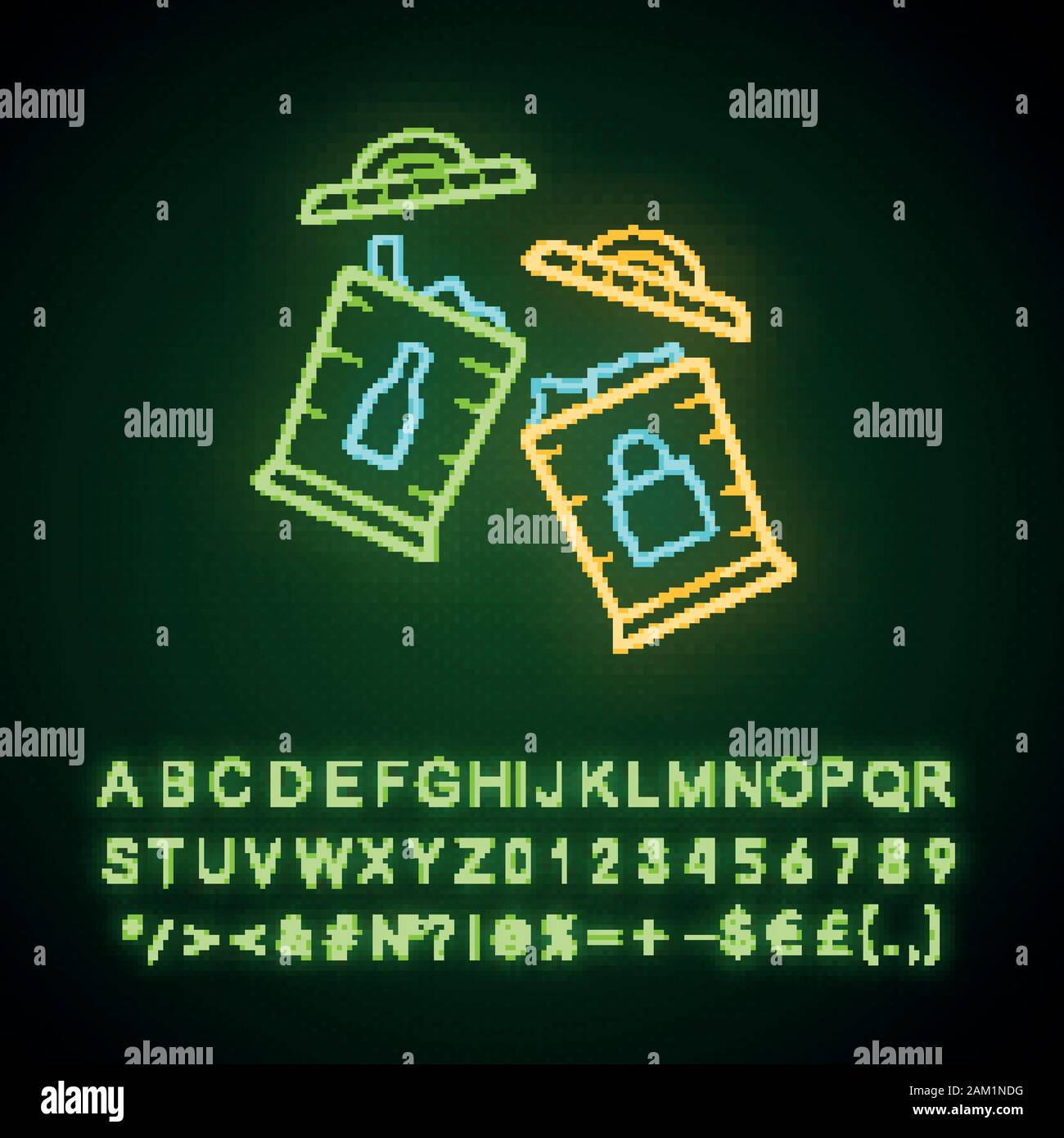 Trash sorting bins neon light icon. Trashcans for glass, paper waste ...