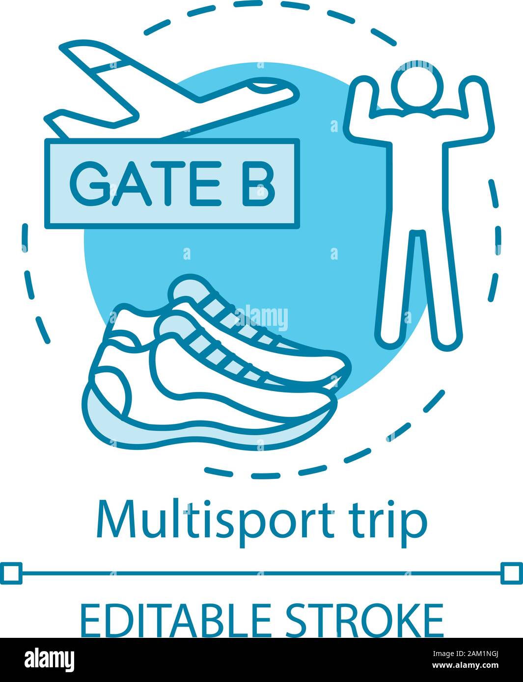 Multisport trip concept icon. Travel style idea thin line illustration. Active voyage. Vacation destinations. Extreme tourism. Vector isolated outline Stock Vector