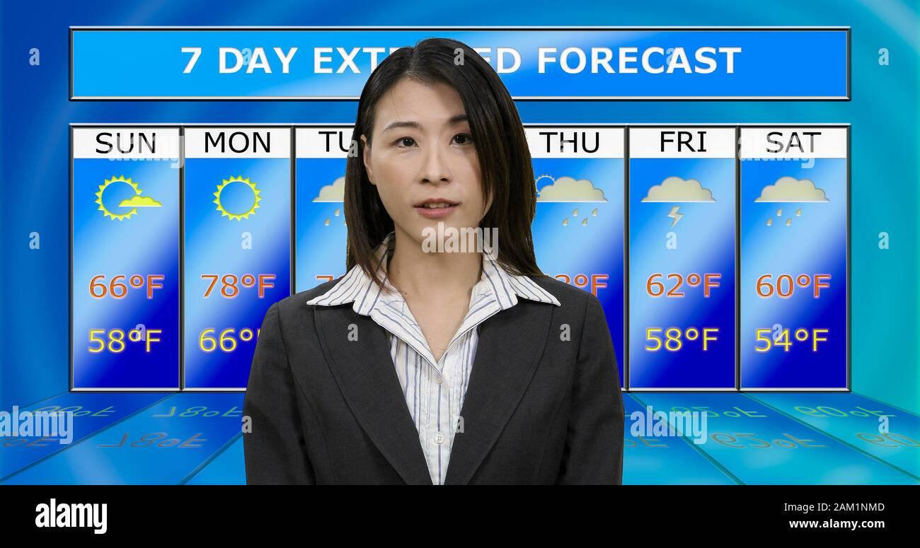 Female Asian American meteorologist reporting weather, original design elem...