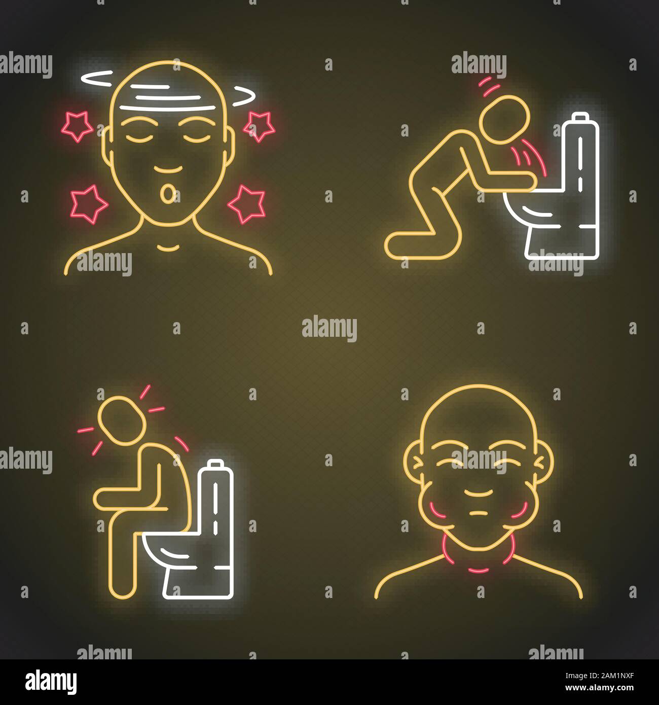 Food poisoning, allergy symptoms neon light icons set. Face swelling,  dizziness, fatigue allergic reaction. Glowing signs. Vomiting, diarrhea,  constip Stock Vector Image & Art - Alamy