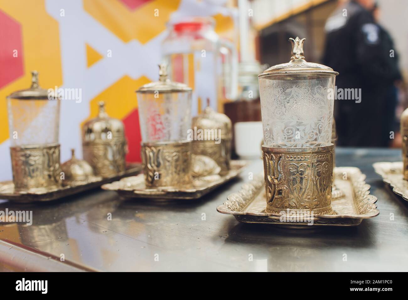 Turkish tea set. Ottoman teacup with traditional arabic ornaments Stock