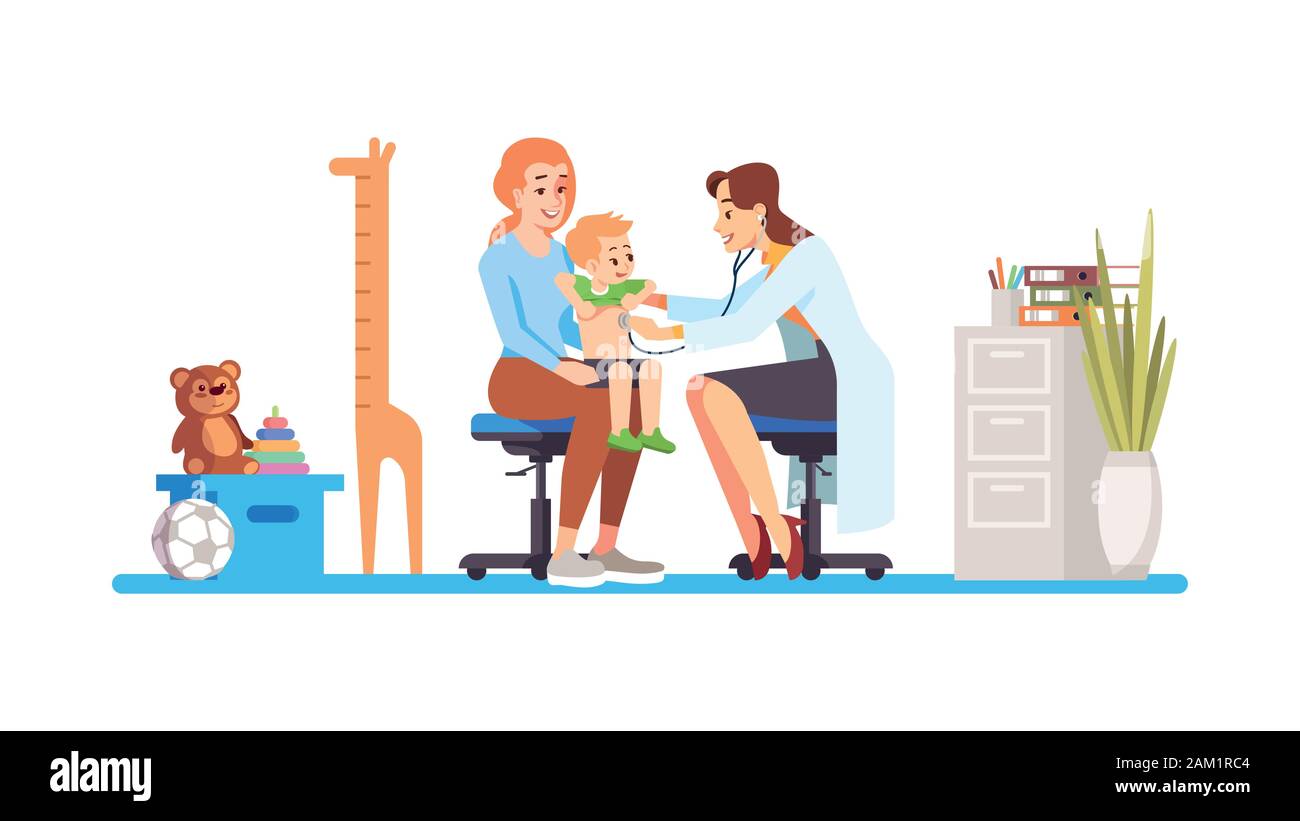 Pediatrician checking baby flat vector illustration. Doctor, mother, child  isolated cartoon characters on white background. Happy kid at hospital. Reg  Stock Vector Image & Art - Alamy