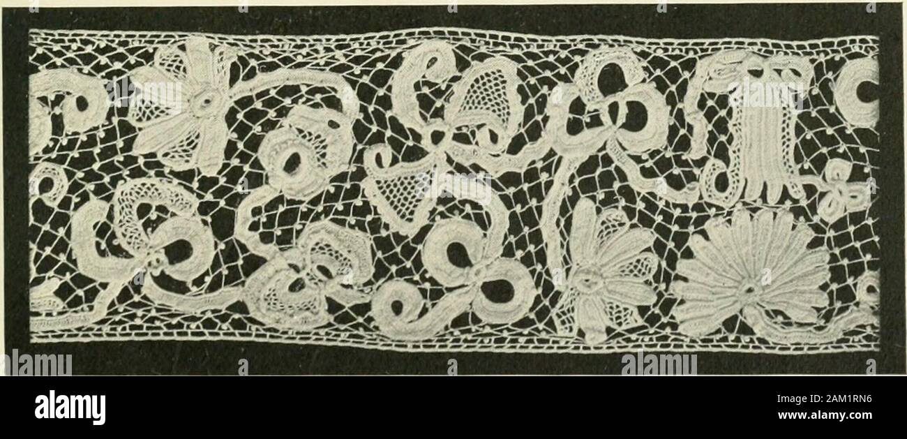 Lace, its origin and history . Real Duchesse.. Real Irish Crochet. 28 Lace: Its Origin and History. Aurillac.—A pillow or bobbin lace, made at Aurillac, in France.In the early period of its manufacture it was a close-woven fabric,resembling tbe guipure of Genoa and Flanders, but later it resembledEnglish point. The laces of Aurillac ended with the Revolution. Auvergne.—A pillow lace made at the French city of Auvergneand the surrounding district. Ave Maria.—A narrow lace used for edging. (See Dieppe lace.) Baby.—A narrow lace used for edging, and made principally in theEnglish counties of Bedf Stock Photo