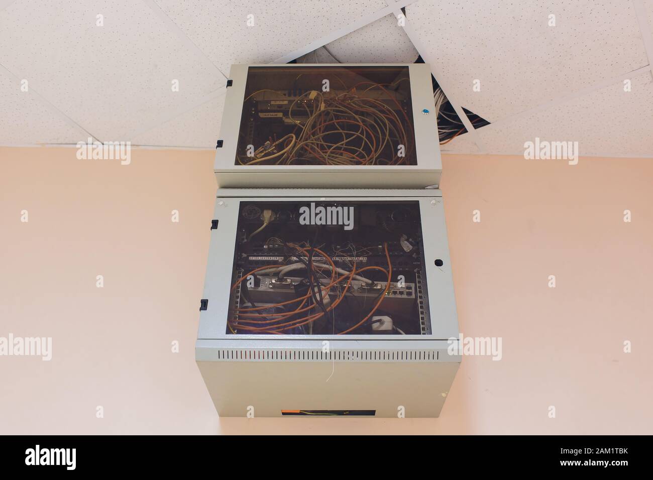 Wiring PLC Control panel with wires industrial factory.Wiring terminals