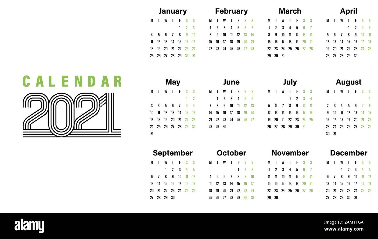 2021 Calendar template vector illustration simple design week starts on Sunday indicate weekends with green Stock Vector