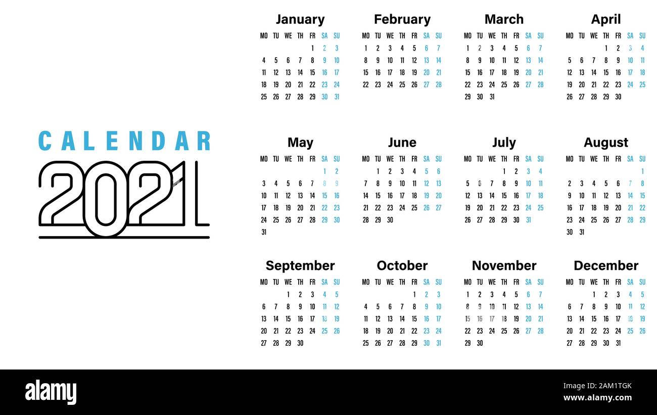 2021 Calendar template vector illustration simple design week starts on Sunday indicate weekends with blue Stock Vector