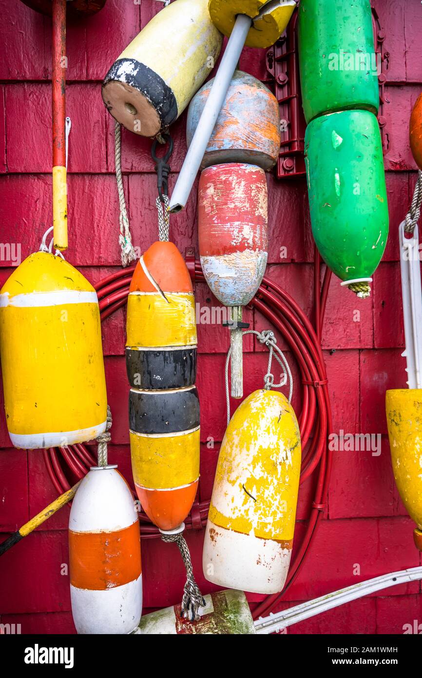 Different sized board side floats for safe soft mooring of boats yachts and fishing schooners to prevent damage to ships in and berths are decorativel Stock Photo
