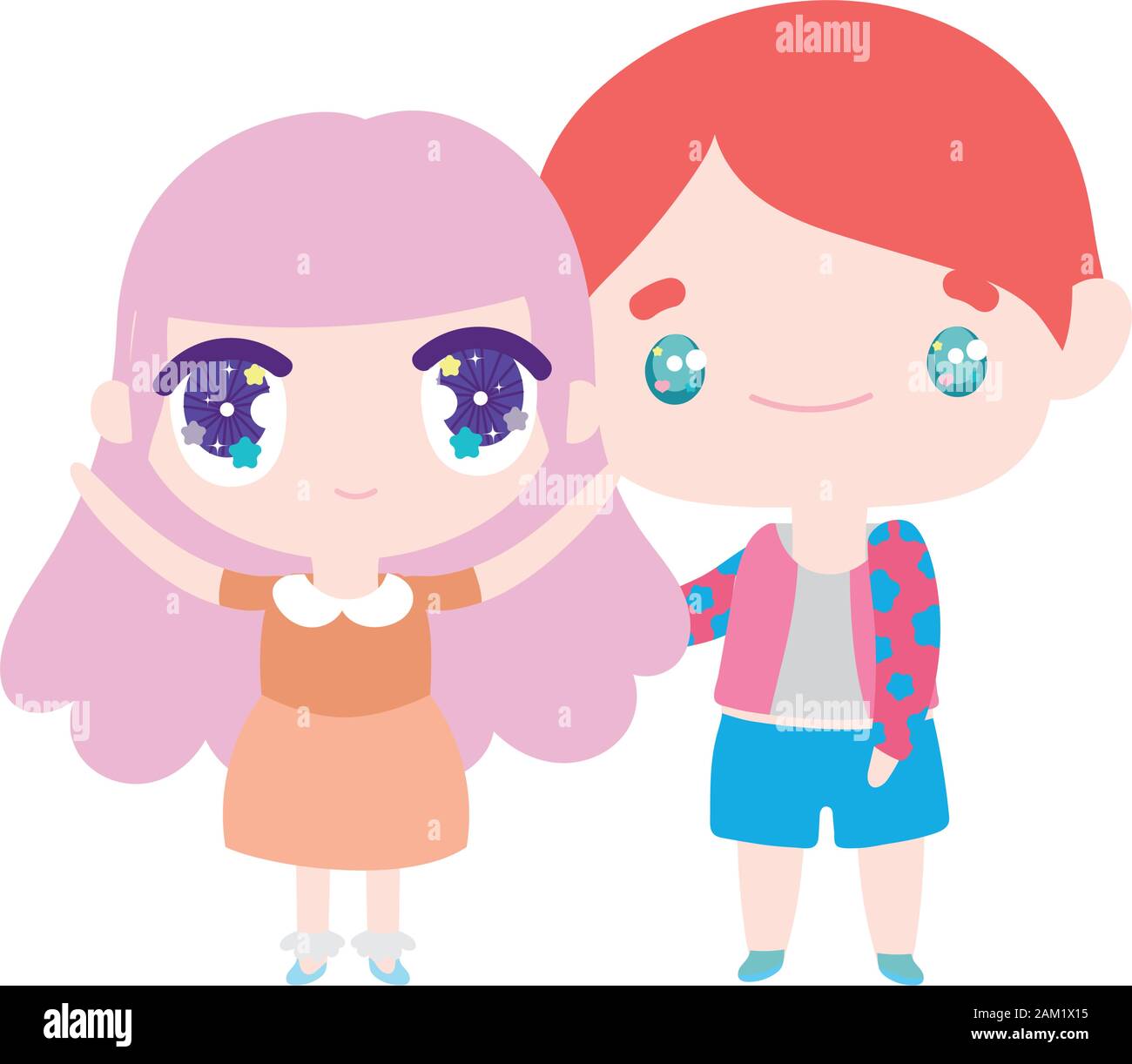 Kids Little Girl And Boy Anime Cartoon Characters Vector Illustration Stock Vector Image Art Alamy