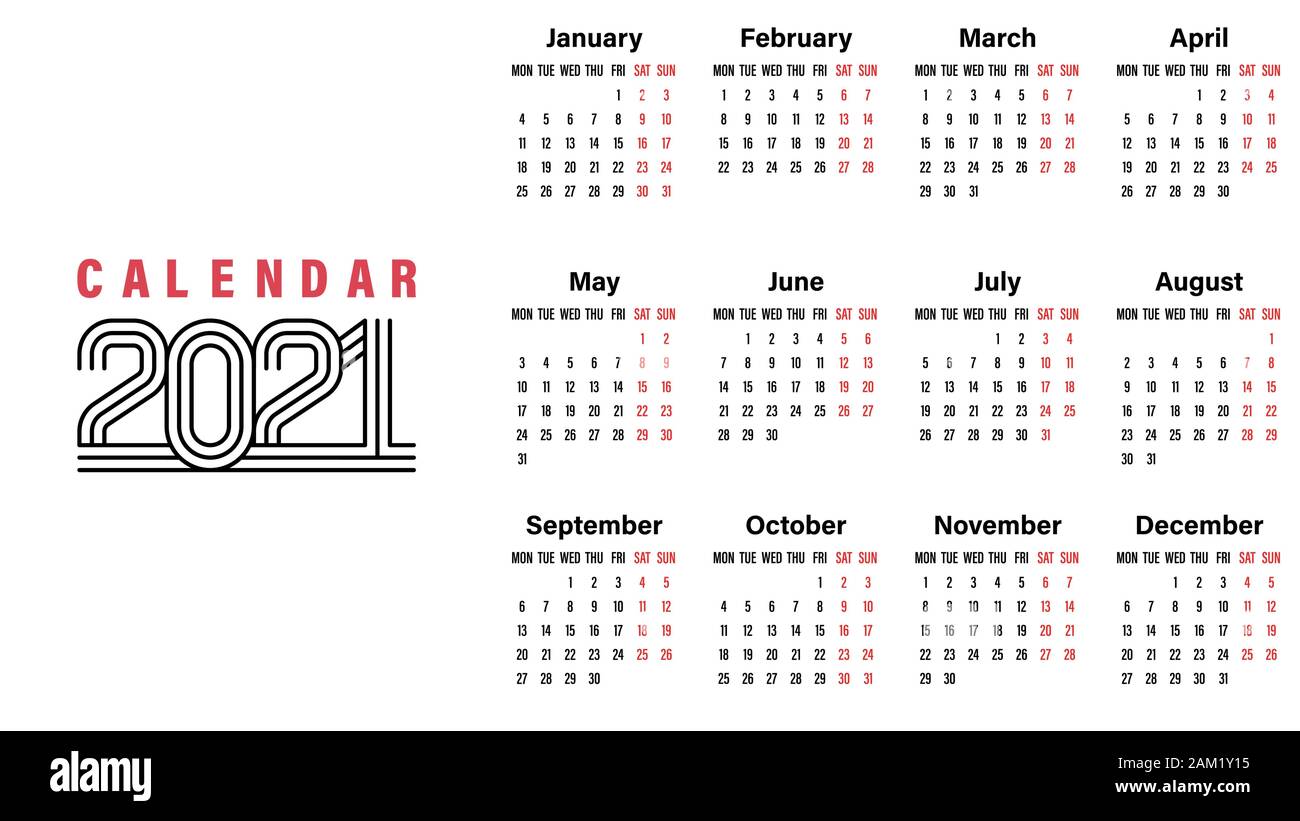 2021 Calendar template vector illustration simple design week starts on Monday indicate weekends with red Stock Vector