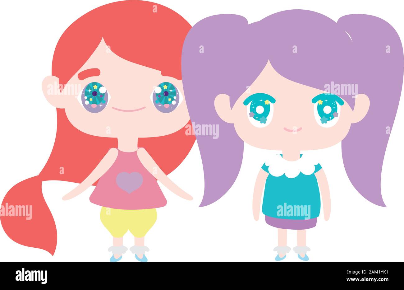 kids, cute little girls anime cartoon characters vector illustration ...