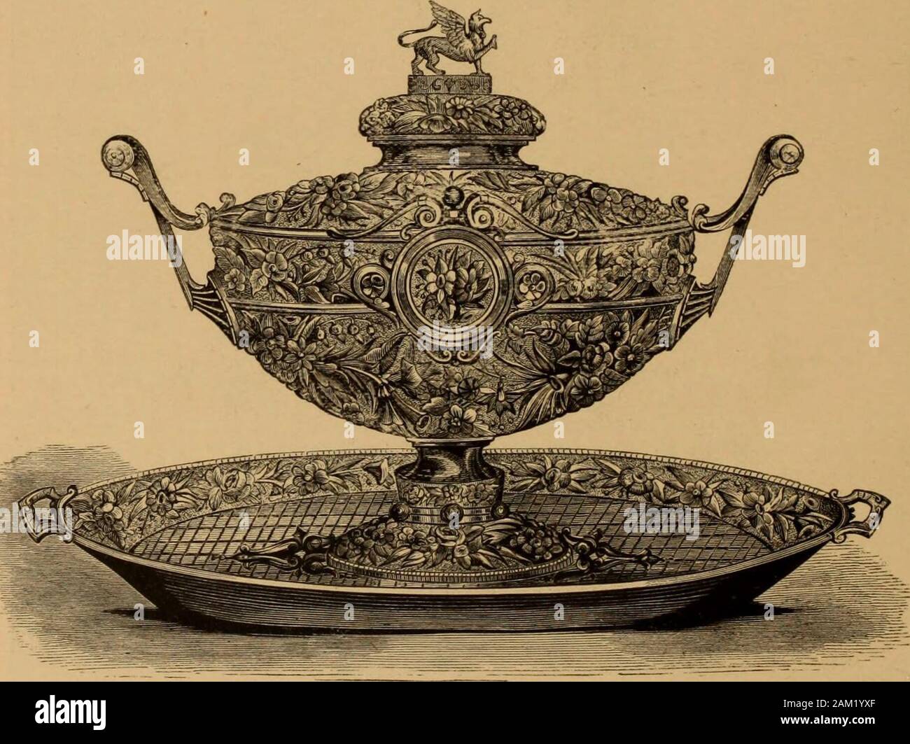 Examples of household taste . Entree Dish, Repousse Silver: y. E. Caldwell &? Co.. Tureen and Salver, Repousse Silver: y. E. Caldwell &&gt; Co. the work of Messrs. Allen & Brother, of Philadelphia. The leaves of thisdoor are composed of highly-polished walnut, with ornamented panels of alter-nate strips of precious woods of different colors, giving a pleasing relief and INDUSTRIAL ART. 41 effect of light and shade. Scroll patterns and some curved lines are introducedinto the lock-rail and break the severity of the outlines. On each of the mainpanels a finely-finished bit of hand-carving has be Stock Photo