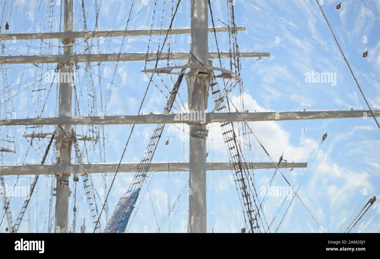 watercolor illustration: Detail view of the upper masts for the rigging of a large sailing ship Stock Photo