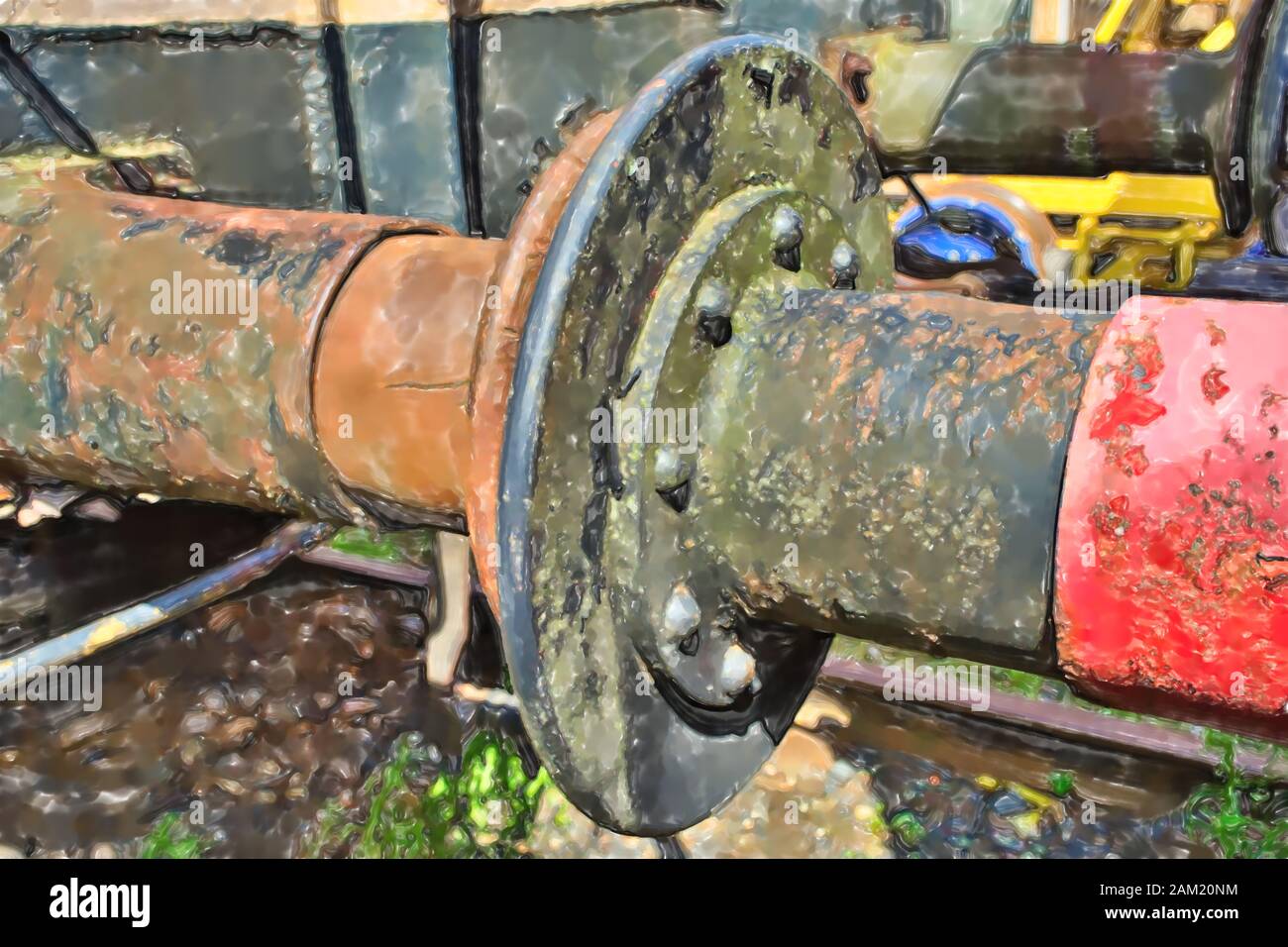 watercolor illustration: The rusty buffers of two old railway cars collide Stock Photo
