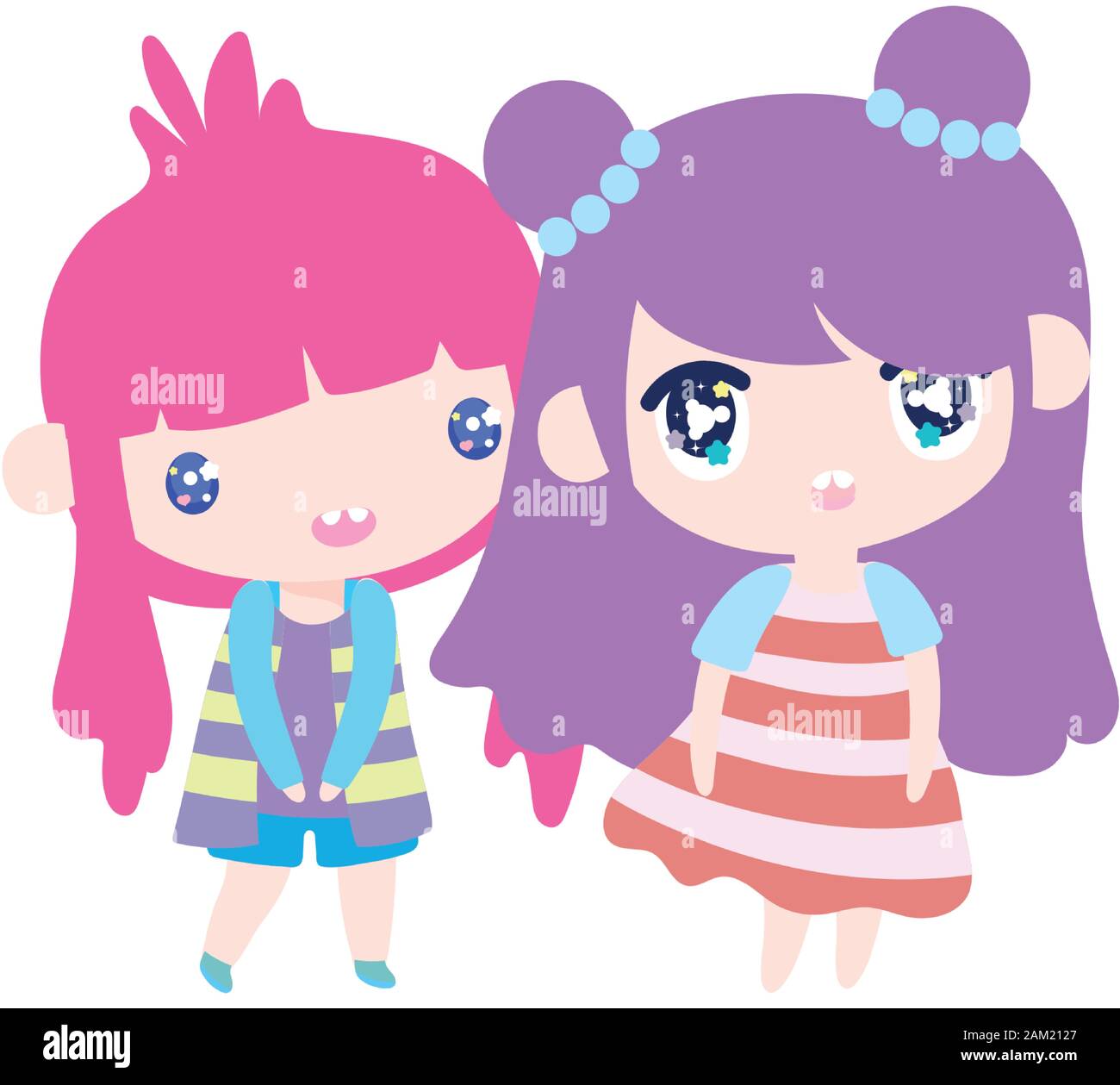kids, cute little girls anime cartoon characters vector illustration ...