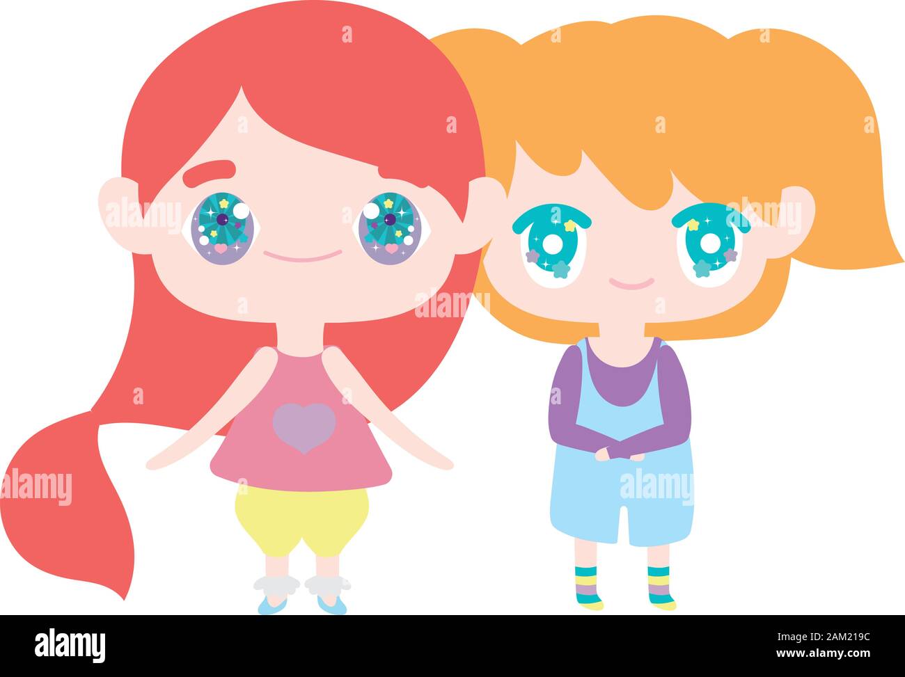 kids, cute little girls anime cartoon characters vector illustration ...