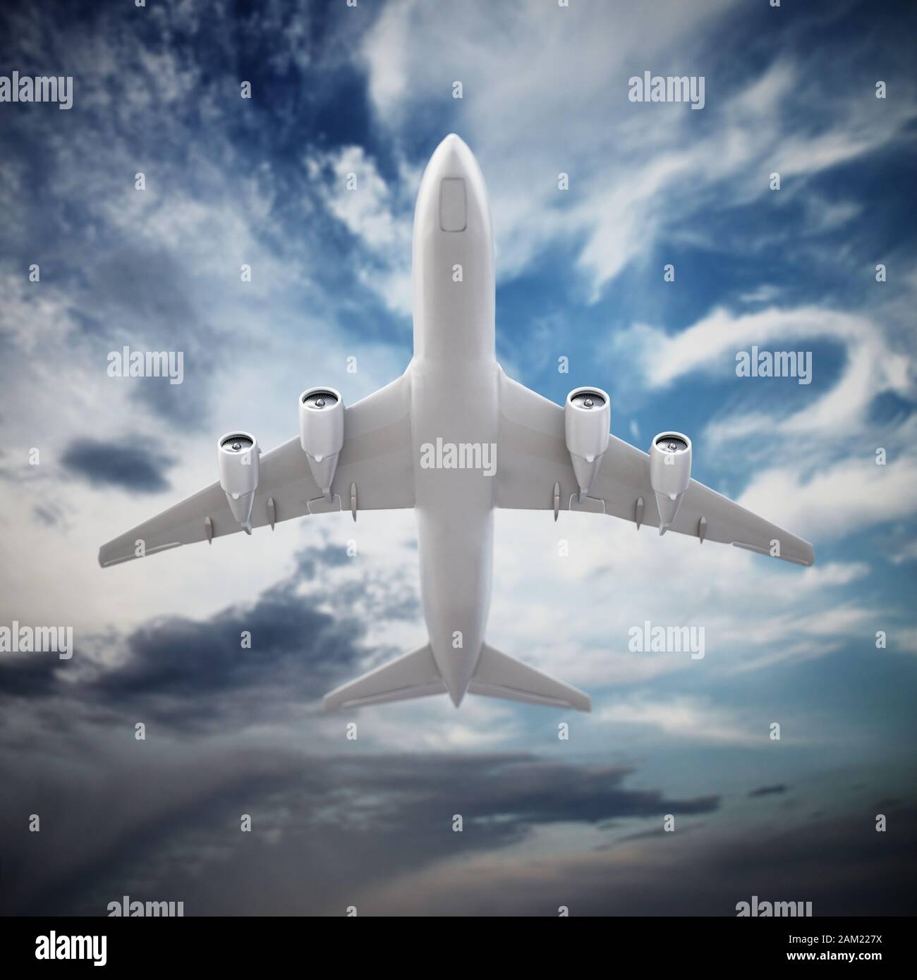 Airplane in the cloudy sky. 3D illustration Stock Photo - Alamy