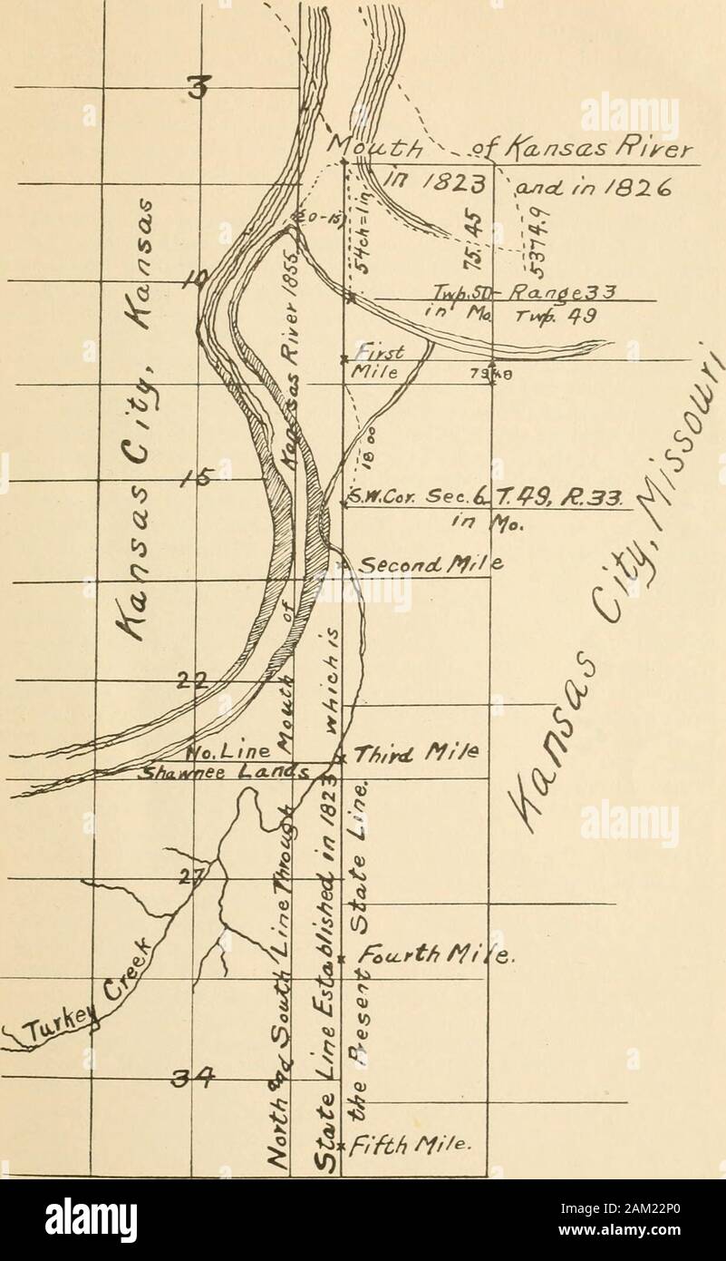 The boundary lines of Kansas : an address by GeoWMartin, secretary of the State Historical Society, before the Old Settlers' Association at Alma, September 28, Independence, October 16, and at the banquet at Kansas City, Kan., October 18, 1909, in honor of the Wyandotte convention . east till itsjunction with the Missouri, which is in latitude 38°, 31, 13; here it is 340^yards wide, though it is wider a short distance above the mouth. The Mis-souri itself is about 500 yards in width; the point of union is low and subjectto inundations for 250 yards, it then rises a little above high-water mark Stock Photo