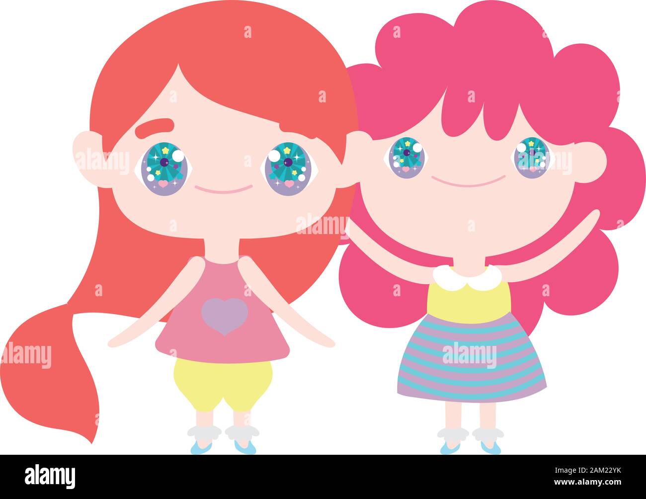 kids, cute little girls anime cartoon characters vector illustration ...