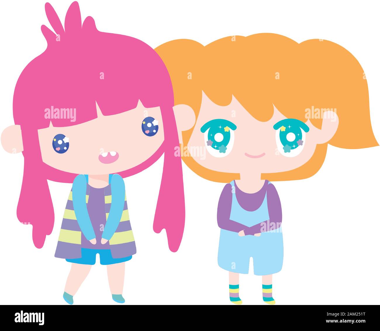 kids, cute little girls anime cartoon characters vector illustration ...