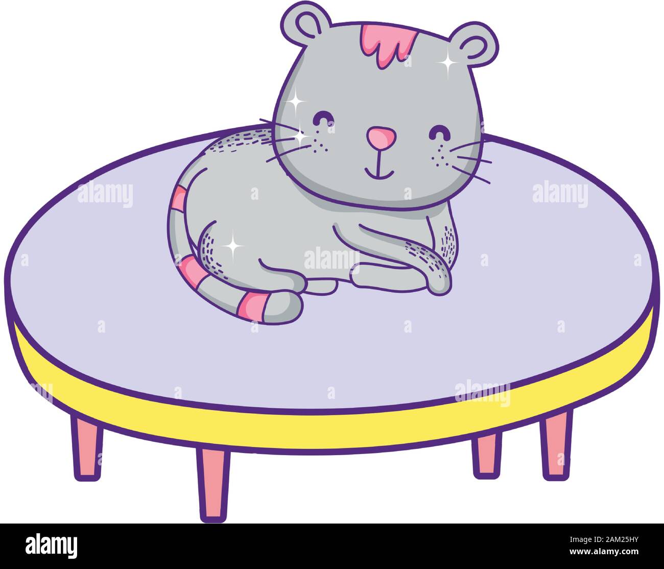 Cute Cat Sitting On Round Table Cartoon On White Background Vector