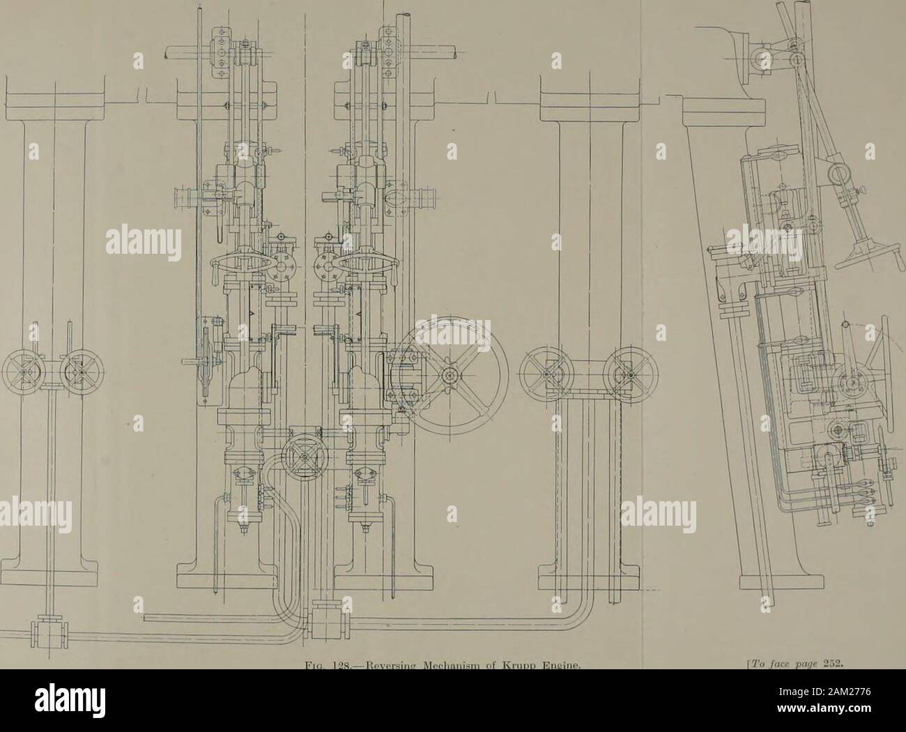 Diesel engines for land and marine work . [To face page 252.. Fla. 128.—Rovereiiig Meclionism of Krupp Engi ITo/acr pant 252. ^^^^^^^^^^SSS^v^SZ 7T» *i w f:!^?;^ - - i^i^Ir-^- iJfelfib^Ki .^—?; - ISiM^ San ? ci^^lJ^B ;^^-i^ « ? % Mr k^-s!  i^^ 1 IJj ^^ ^ -rp ^^Idi K]i:. IJ.l—l.jr.u llHl. Krupp IVu Cy.l.- Mil CONSTRUCTION OF DIESEL MARINE ENGINE 253 X Large engines are provided with two two-stage com-pressors for the injection and starting air, while smallermotors have but one compressor, the usual arrangementbeing to have it at one end of the engine. The scavengepumps are below theworking cyl Stock Photo