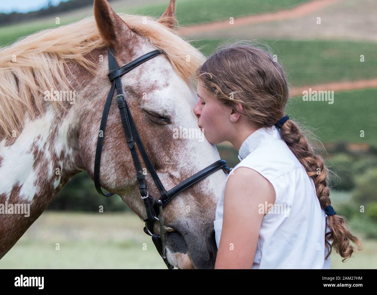 Girl standing in front of her Sabino paint horse facing each other kissing the horse on his forehead. Stock Photo