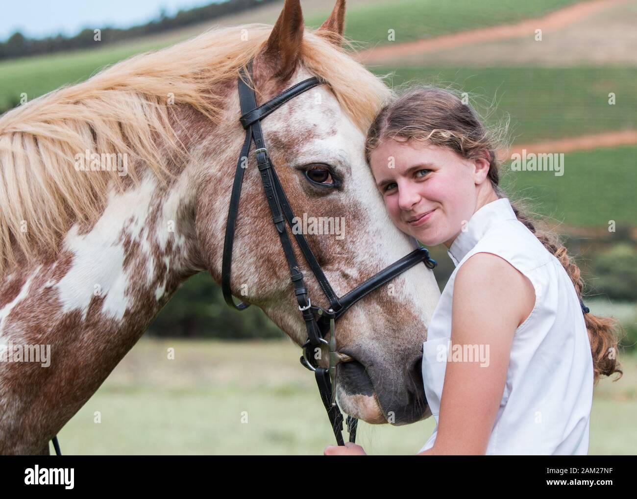 Girl standing in front of her Sabino paint horse facing each other close up portrait of girl looking at the camera smiling. Stock Photo