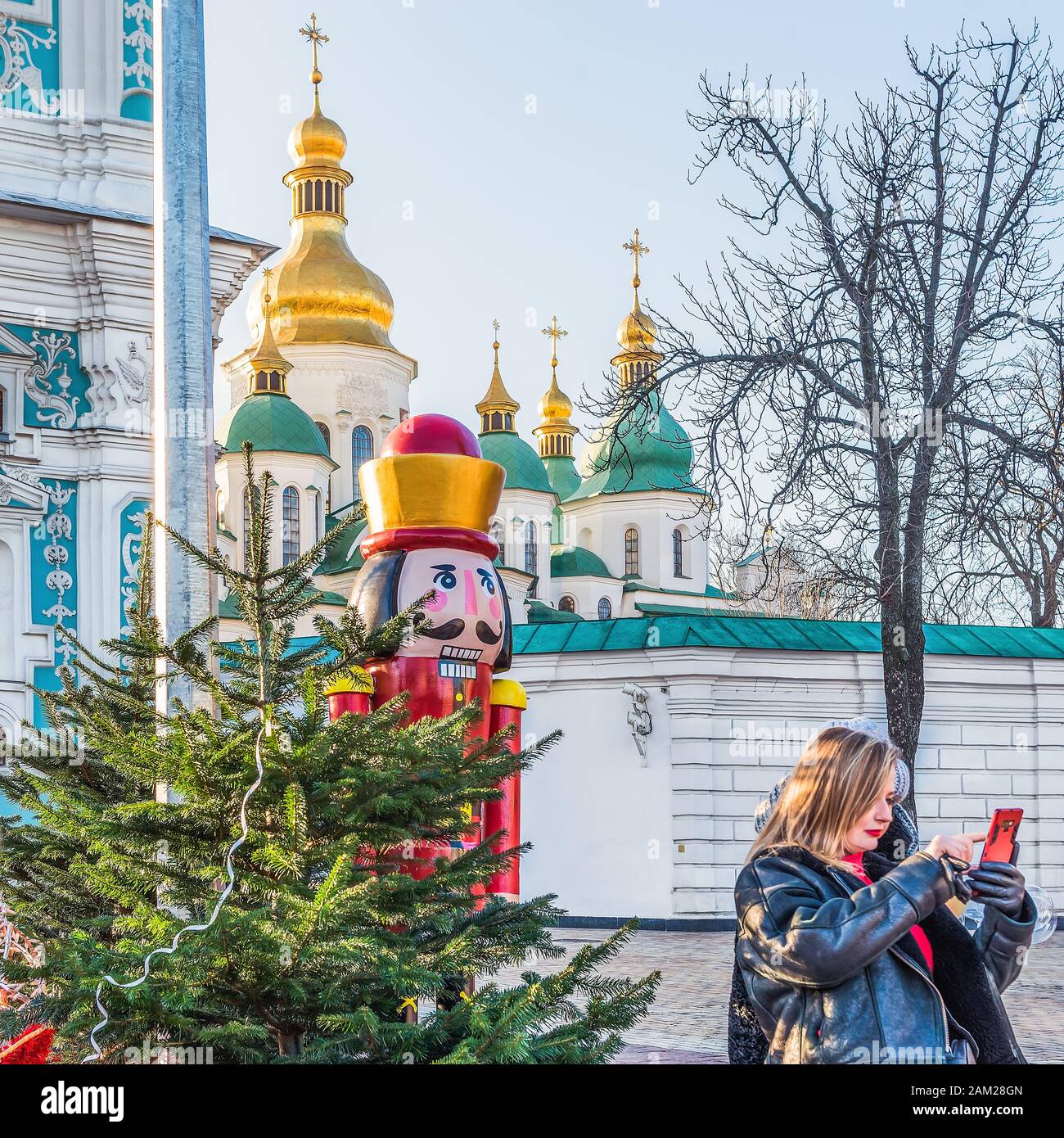 Kiev, Ukraine - January 3, 2020: Christmas tree is installed on Sophia Square. The magical world of adventures of the famous Nutcracker story gives gu Stock Photo