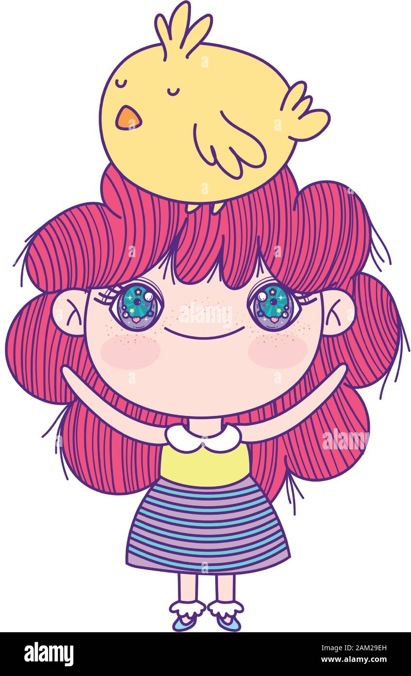 Cute Little Girl Anime Cartoon With Chicken In Head Vector Illustration Stock Vector Image Art Alamy