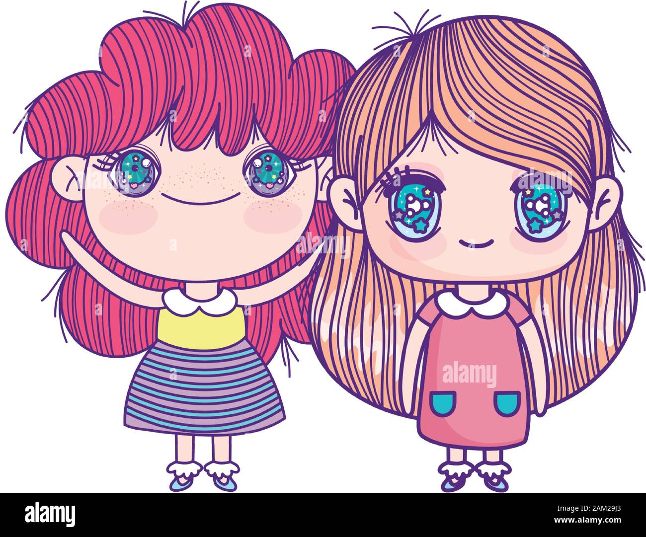 kids, cute little girls anime cartoon characters vector illustration ...