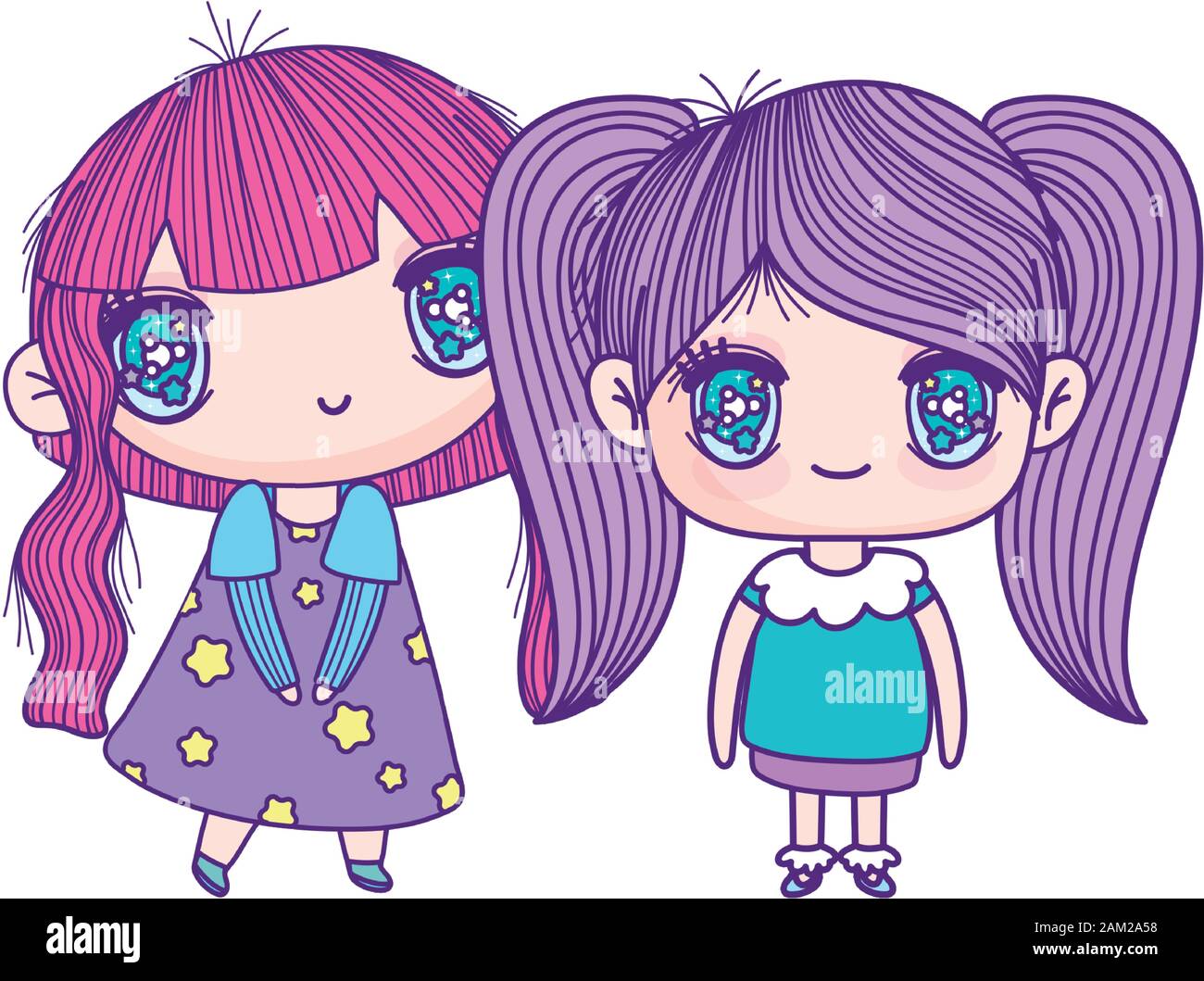 kids, cute little girls anime cartoon characters vector illustration