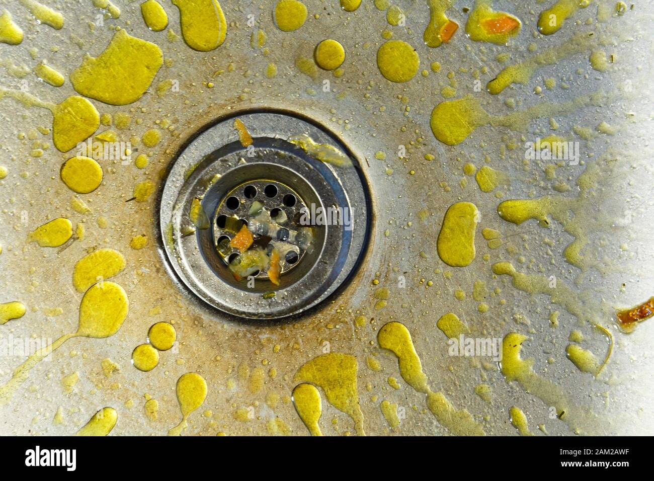 A dirty and littered sink with yellow grease stains around the drain ...
