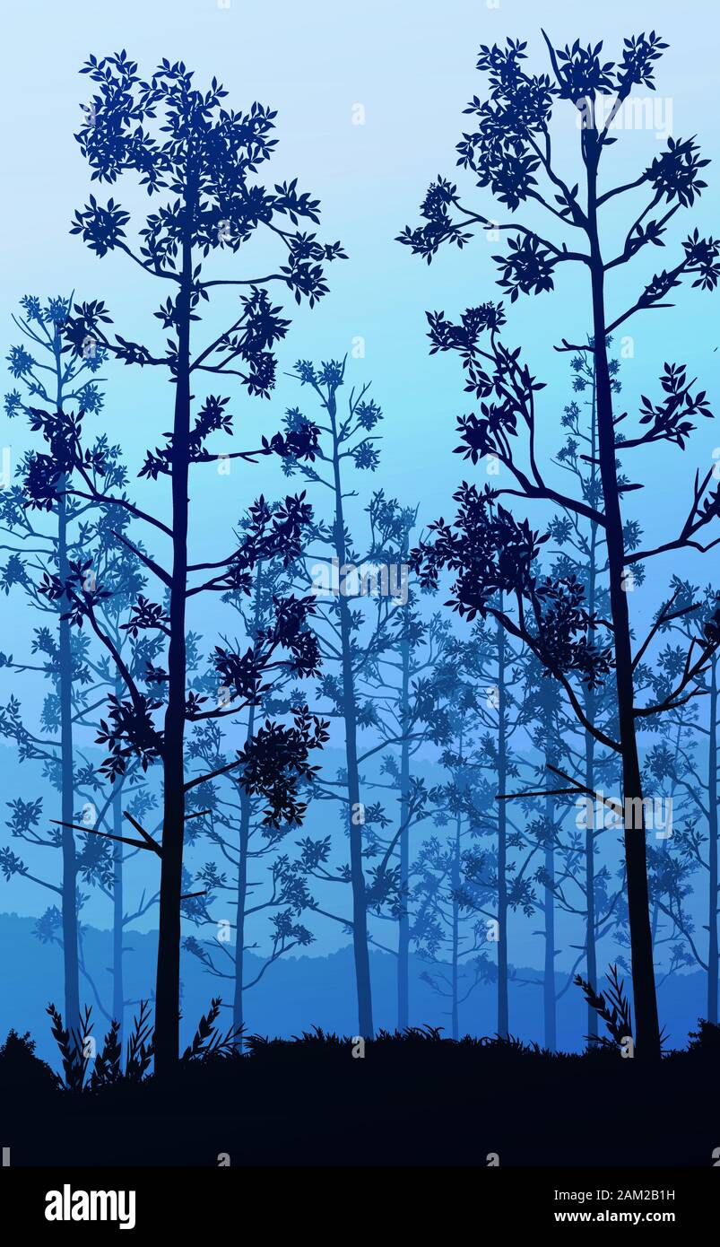 Natural forest trees mountains horizon hills silhouettes of trees evening Sunrise and sunset Landscape wallpaper Illustration vector style Background Stock Vector