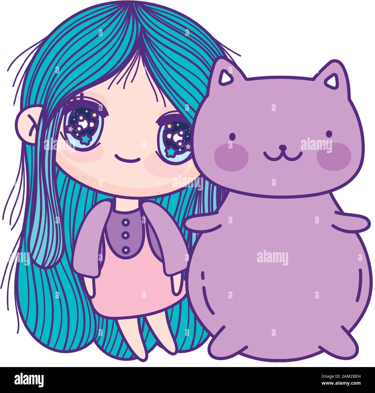 Kids Cute Little Girl Anime Cartoon And Cute Cat Vector Illustration Stock Vector Image Art Alamy