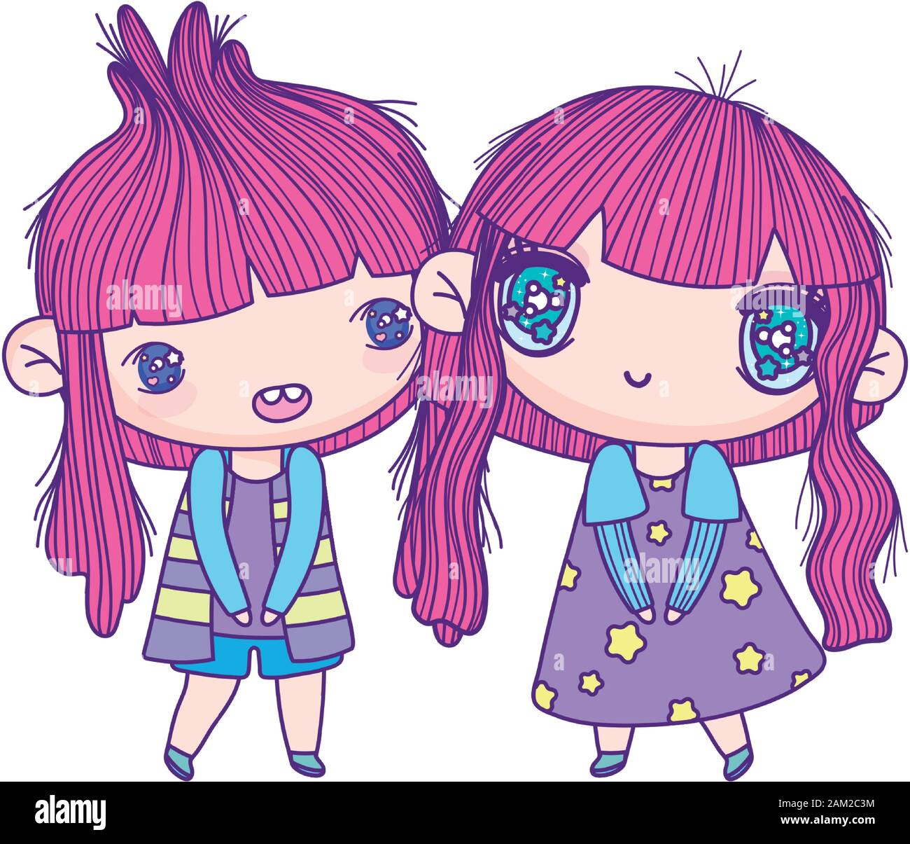 kids, cute little girls anime cartoon characters vector illustration ...