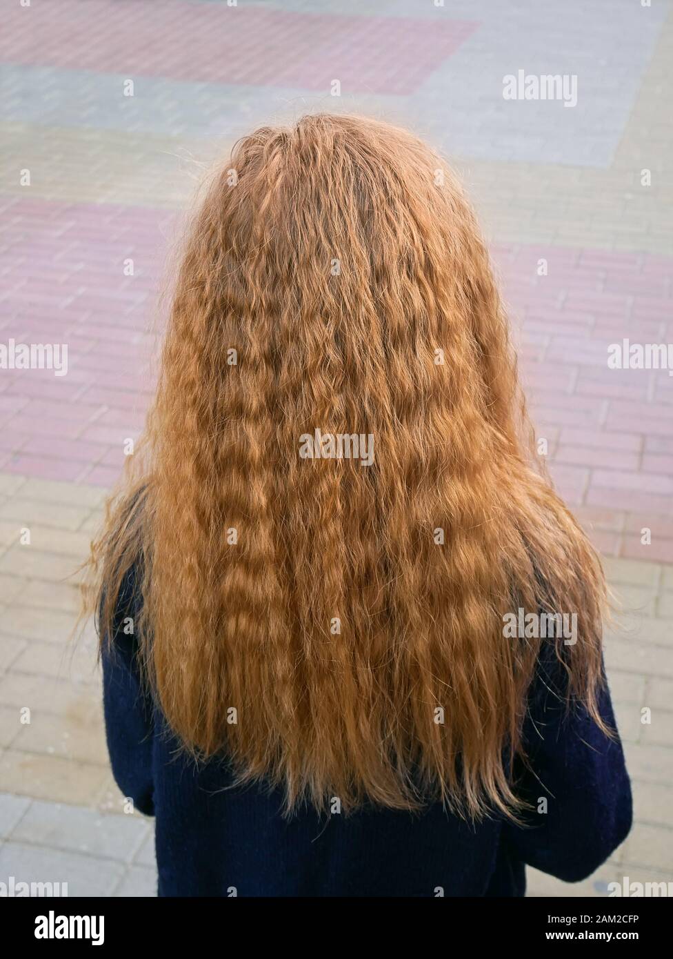 Little schoolgirl with long flowing wavy blond hair on the sidewalk of colored tiles, back view Stock Photo
