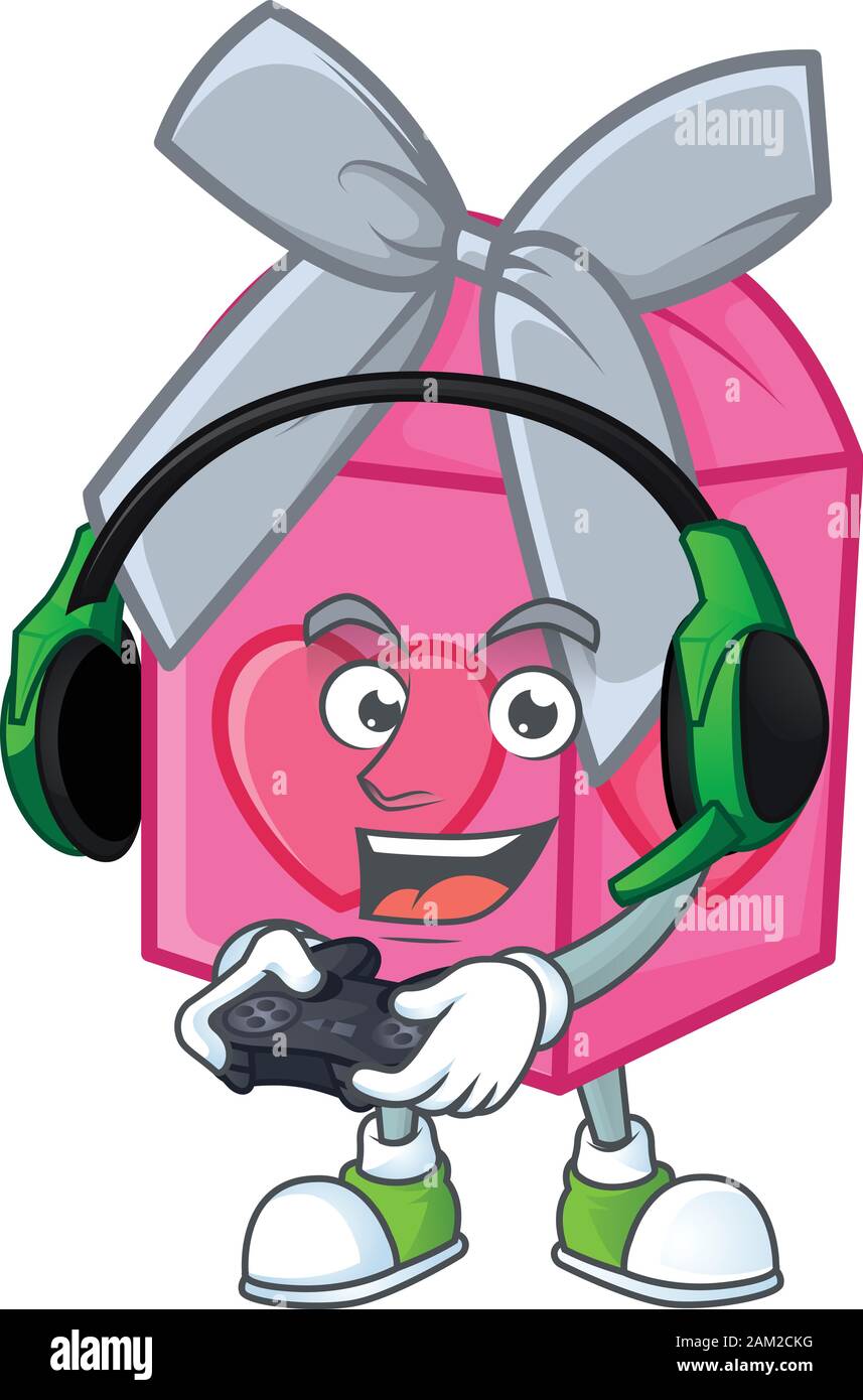 Cool love gift pink cartoon mascot with headphone and controller Stock ...