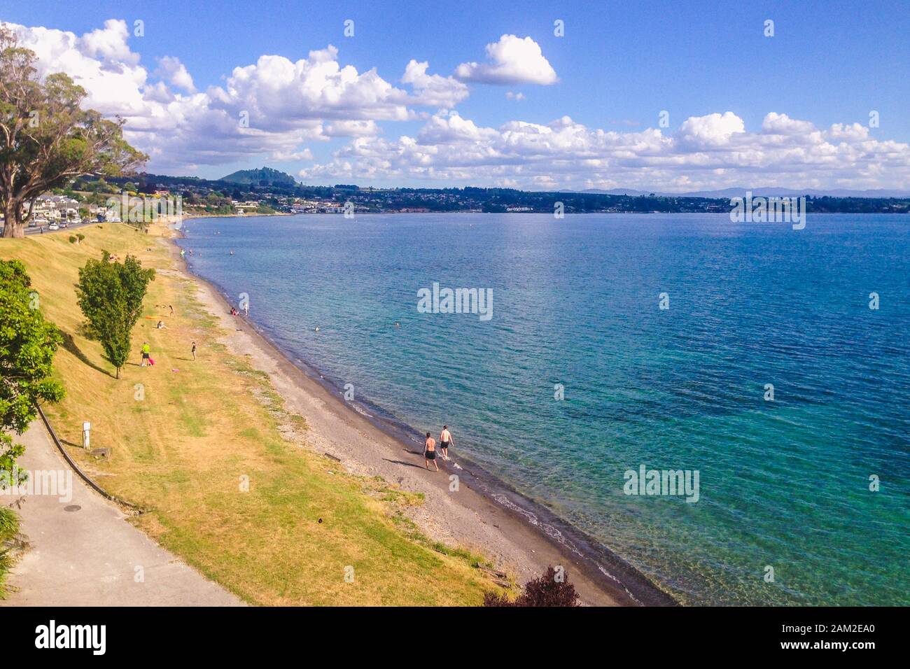 Taupo, North Island, New Zealand - December 21st 2016: Beautiful view over Lake Taupo. Taupo is a famous tourist spot with a lot of things to do Stock Photo