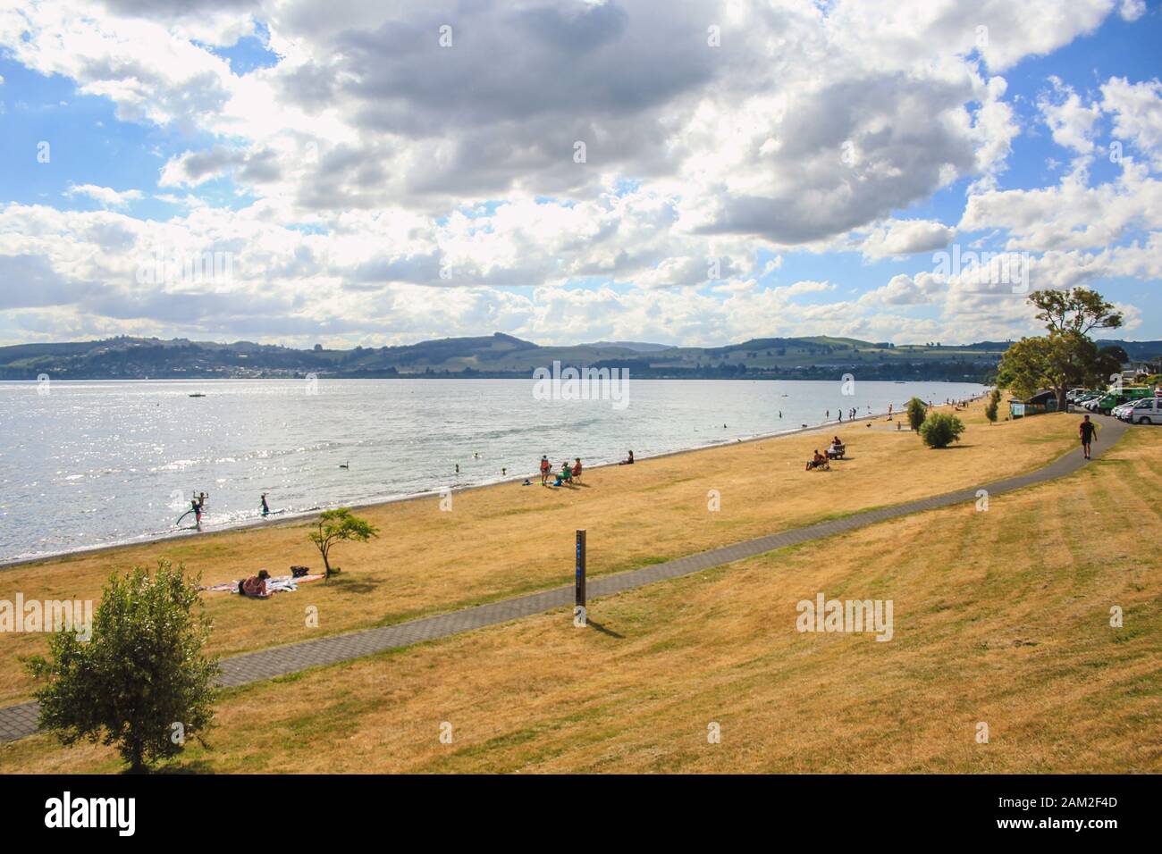 Taupo, North Island, New Zealand - December 21st 2016: Beautiful view over Lake Taupo. Taupo is a famous tourist spot with a lot of things to do. Stock Photo