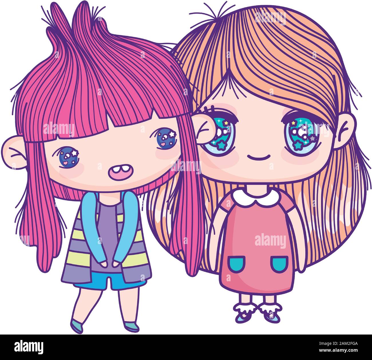 kids, cute little girls anime cartoon characters vector illustration ...