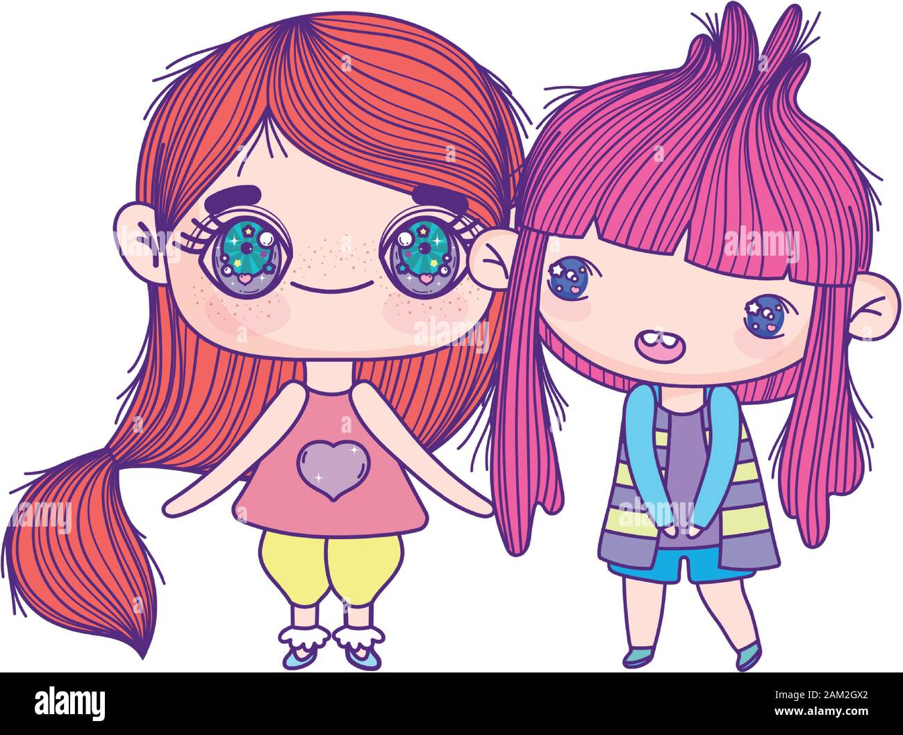 kids, cute little girls anime cartoon characters vector illustration ...