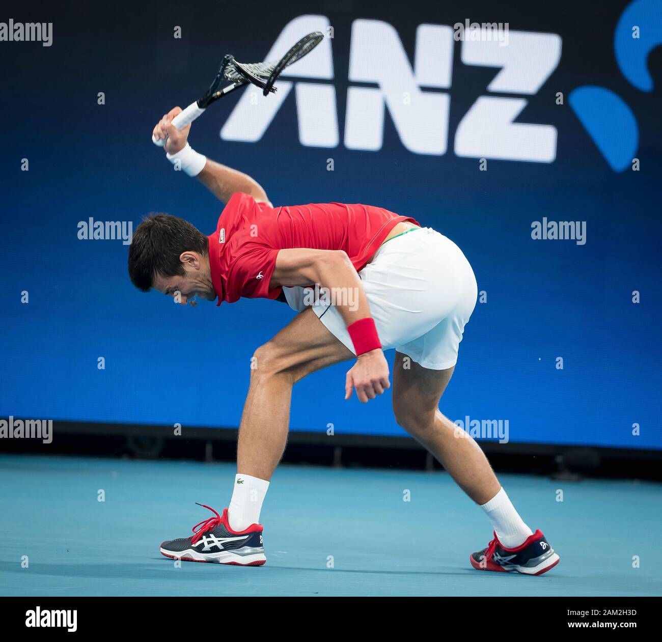 Sydney, Australia. 11th Jan, 2020. Novak Djokovic of Serbia smashes racquet during the ATP Cup semifinal match against Daniil Medvedev of Russia in Sydney, Australia, on Jan