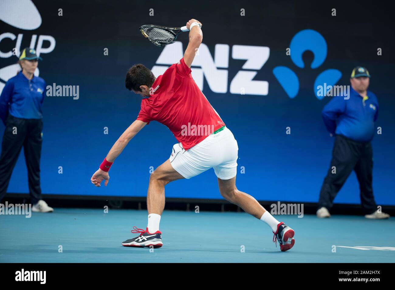 Sydney, Australia. 11th Jan, 2020. Novak Djokovic of Serbia smashes racquet during the ATP Cup semifinal match against Daniil Medvedev of Russia in Sydney, Australia, on Jan