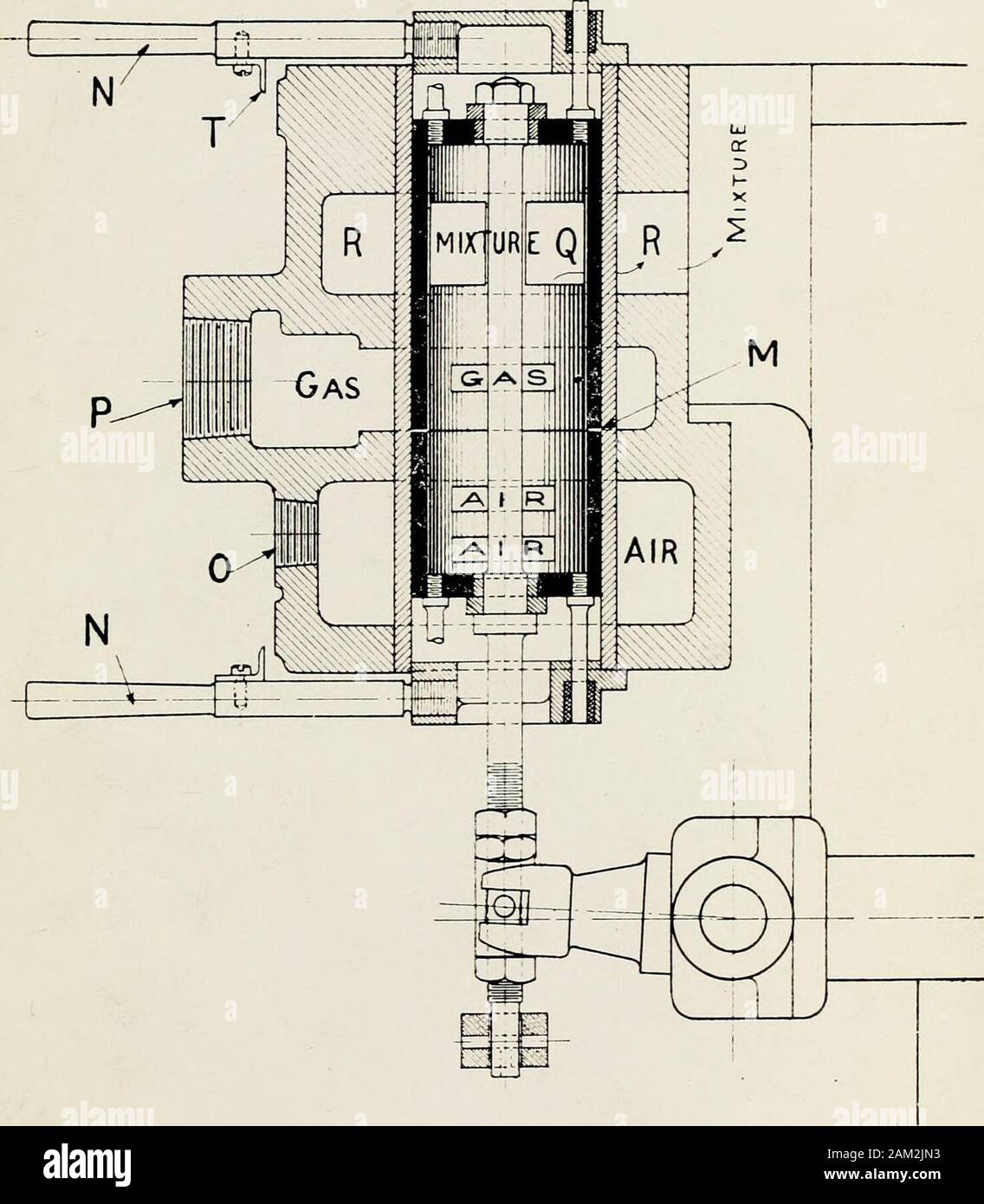 Design, installation and operation of cams for the valve-gear of a three-cylinder, 8 x 10 inWestinghouse gas engine . iigure5. Figure 6 3 siua- one piece and bolted to a concrete foundation. The threecylinders are separate castings, are water jacketed, and aretolted to the cramk case. The valve chaAbers are tolted tothe upper ends of the cylinders. The main shaft and cranks,which are set 120 degrees apart, operate in the crank case.Lubrication is effected by means of large oil cups on themain bearings. The drips frorri these bearings discharge intothe crank case so that the internal working p Stock Photo